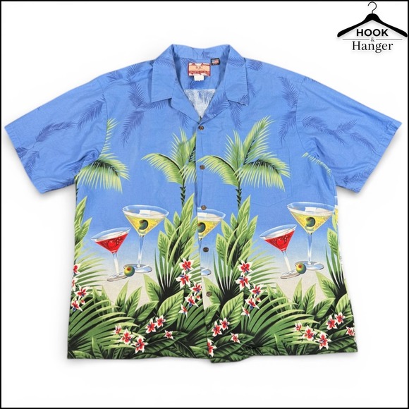 RJC Other - Vintage RJC Hawaiian Camp Shirt 3XL Blue Martini Tropical Palm USA Vacation Blue